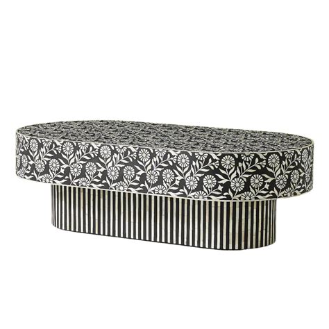 Sunflower Inlay Oval Shape Coffee Table - Black & White