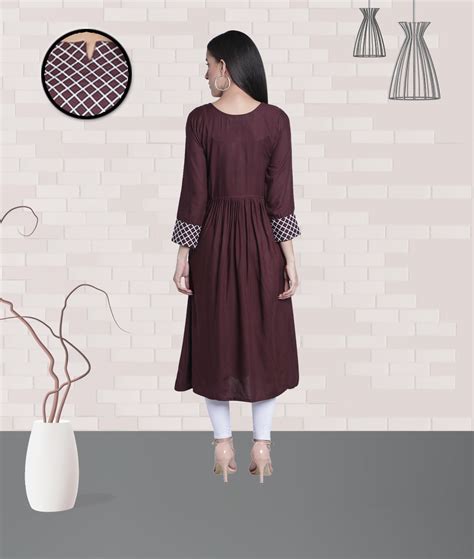 Rayon Checks Embroidered Flared Women Kurti (Brown) – Fabclub