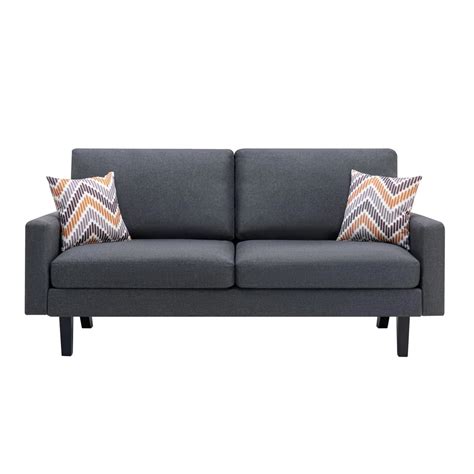 Gala Sofa, Smooth Dark Gray Linen Fabric, 2 Pillows, Black Solid Wood ...