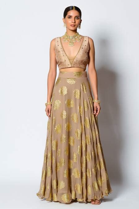 Buy Gold Dupion Silk And Georgette Floral Motifs Zalk Embroidered ...