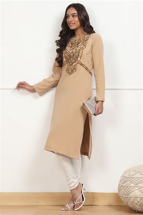 Buy Beige Velvet Straight Kurta Online at Biba India