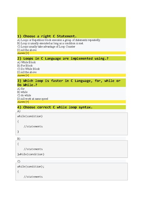 Looping - notes - 1) Choose a right C Statement. A) Loops or Repetition ...