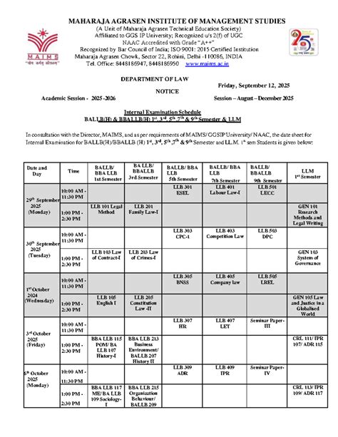 Internal Examination Schedule for BALLB & LLM - Sept 2025 - Studocu