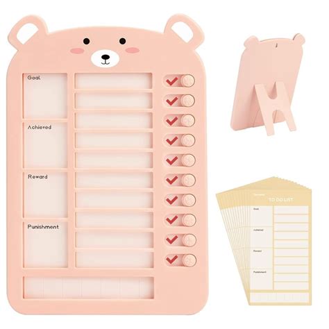 Kids Reward Chart Board, Pink Bear Design, Daily Checklist with 15 ...