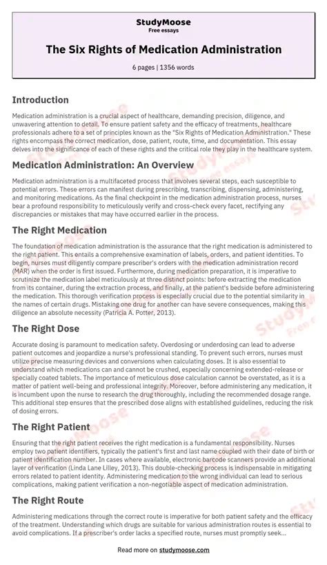 The Six Rights of Medication Administration Free Essay Example