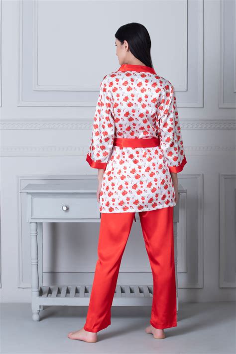Satin Night suit with floral Robe Red & White - Private Lives