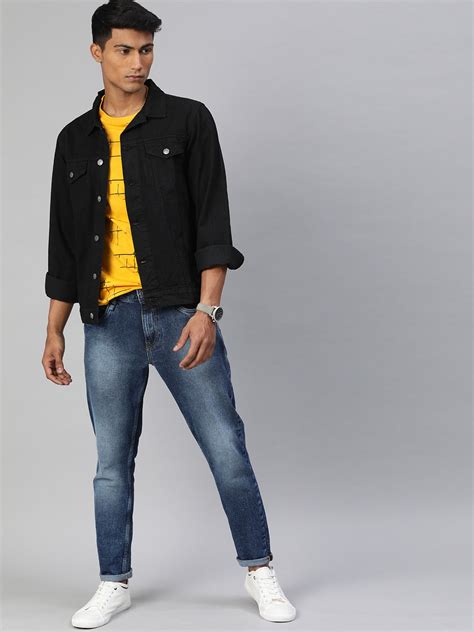 Men's Black Solid Regular Fit Washed Full Sleeve Denim Jacket – Urbano ...