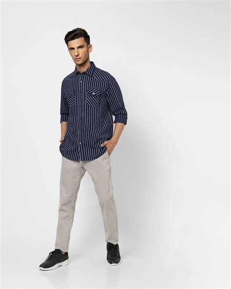 Buy Navy Blue Striped Full Sleeves Shirt for Men