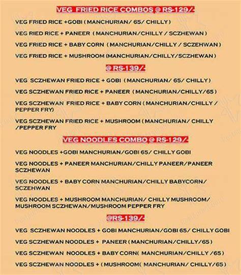 Menu at Tropical Chinese, Chennai