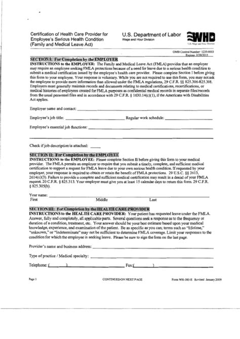 Form Wh-380-E - Certification Of Health Care Provider For Employee'S ...