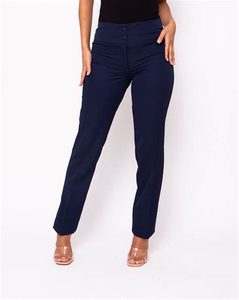 Ladies Navy Blue Work Trousers | Straight Leg Trousers Womens – Salonwear
