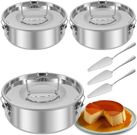3 count Flan Mold 7.5"x7.5"x3" Stainless Steel Flan Pan Mold with Lid ...