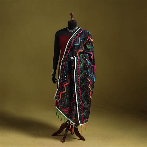 Black Ranihati Chanderi Silk Zig Zag Hand Embroidery Dupatta