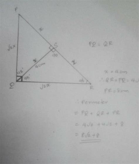 f ΔPQR right angled at Q, PQ = QR. If QS ⊥ PR and QS = 4 cm, then the ...