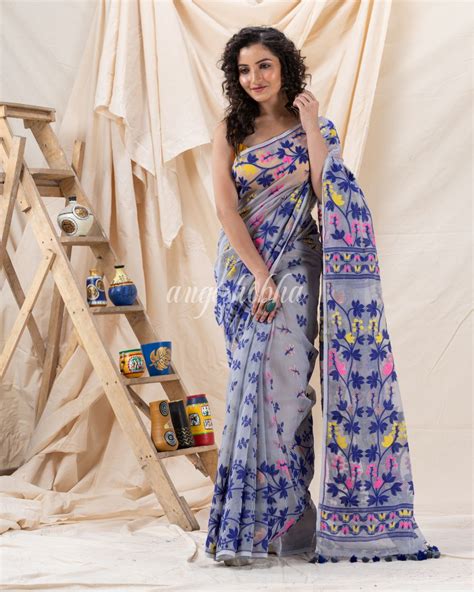 Traditional Ash Soft Dhakai Creeper Jamdani Saree – angoshobha