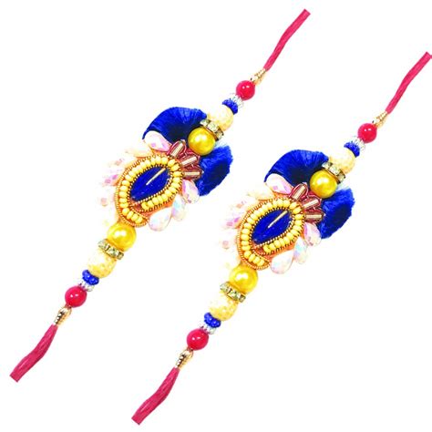 Buy Aham Enterprise SET OF 2 Blue Feather Rakhi with Yellow pearl Rakhi ...