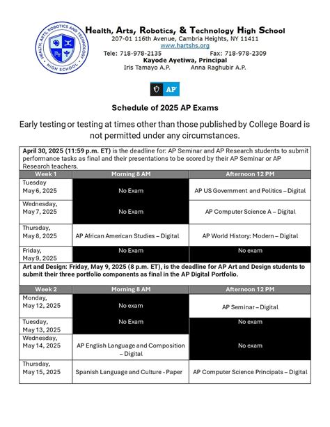 2025 AP EXAM SCHEDULE | Health, Arts, Robotics and Technology High School