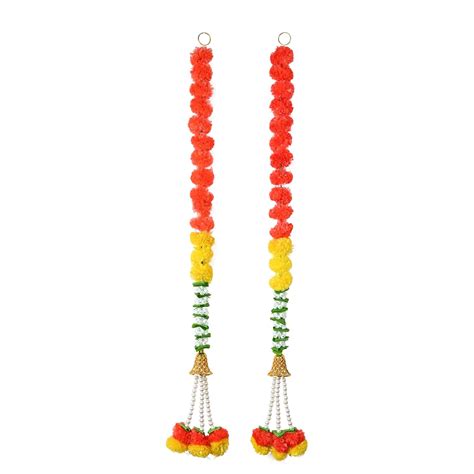 Buy CRAFONIC Artificial Marigold Garlands with Beads, Bells & Pom Pom ...