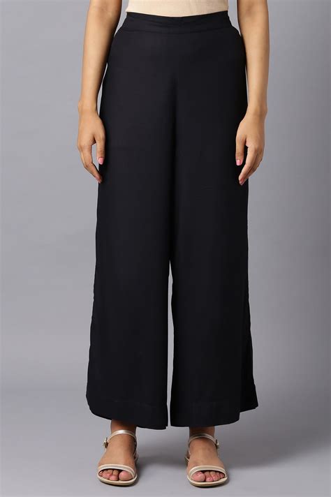 Buy Black Solid Wide Leg Woven Palazzo With Elasticated Waistband ...