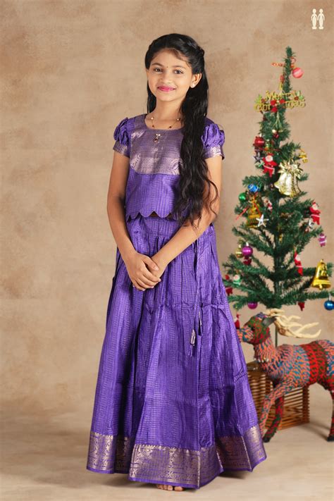 Round Neck Checks Design Purple Silk Cotton Pavadai Sattai