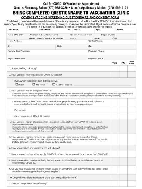COVID-19 Vaccine Screening Questionnaire and Consent Form - Blank ...