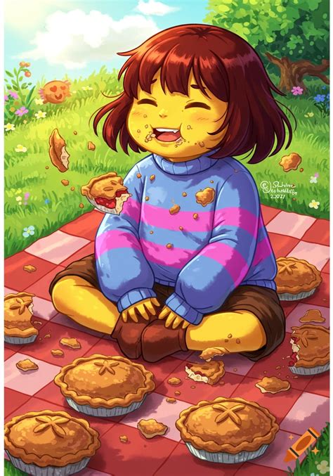 Cartoon of Frisk from Undertale joyfully sitting on a red and white ...
