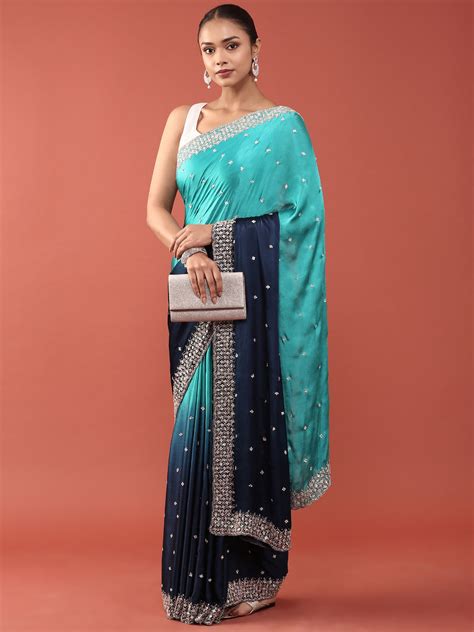 Neerus Blue Ethnic Embellished Satin Straight Saree - Saree + Blouse ...