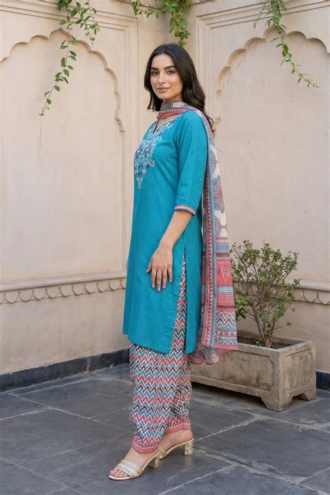 Buy Teal Embroidered Straight Kurta with Salwar and Dupatta Set Online ...