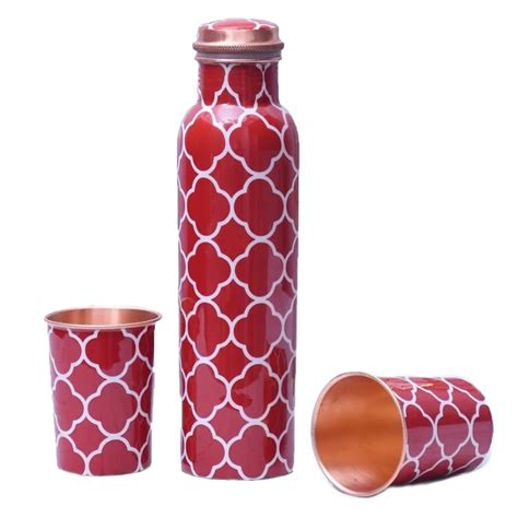Traditional Abstract Floral Design - 100% Pure Copper Bottle Set with ...