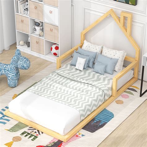 Leumius Twin Size Floor Bed with House-Shaped Headboard,Montessori Bed ...