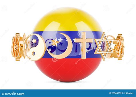 Venezuelan Flag Painted on Sphere with Religions Symbols Around, 3D Rendering Stock Illustration ...