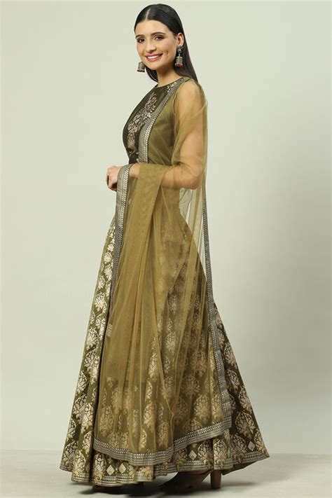 Mehndi Art Silk Straight Kurta Lehenga Suit Set