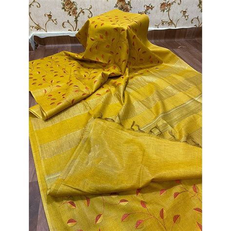 Silkmark Certified Eri Silk Digital Embroidered Yellow Saree with ...