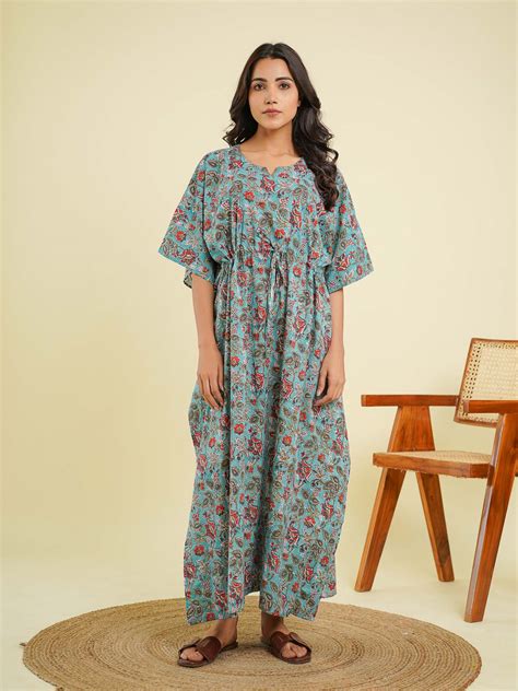 Block-Printed Cotton Long Kaftan Turquoise - Goodhand