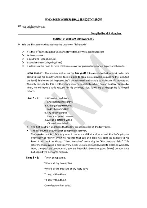 1. WHEN Forty Winters Shall Besiege THY BROW - WHEN FORTY WINTERS SHALL ...