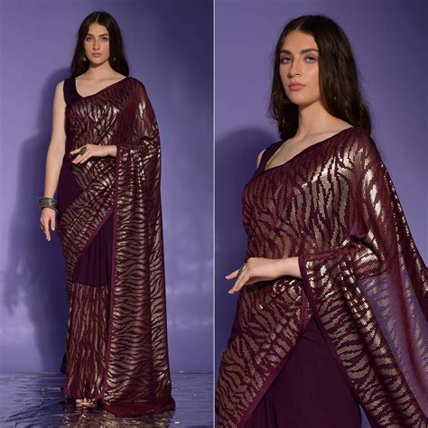 Wine Sequins Embroidered Georgette Saree