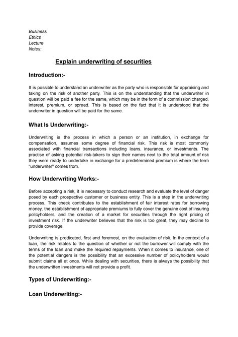 Explain underwriting of securities - Business Ethics Lecture Notes ...