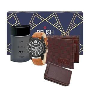 Relish Gift Combo Box of Men's Black Analog Leather Strap Watch, Gray ...
