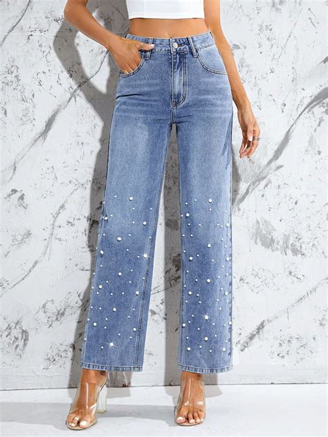 SHEIN Essnce Pearls Beaded Straight Leg JeansI discovered amazing ...