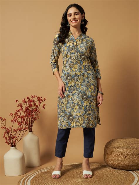 Women's Cambric Cotton Straight Kurtis with Steel Blue Floral Print ...