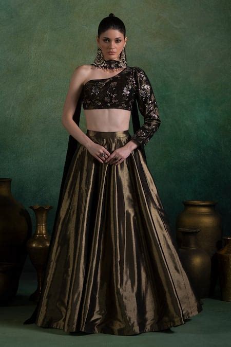 Buy Black Lehenga Brocade Embroidery Zari One Shoulder Metallic Set For ...