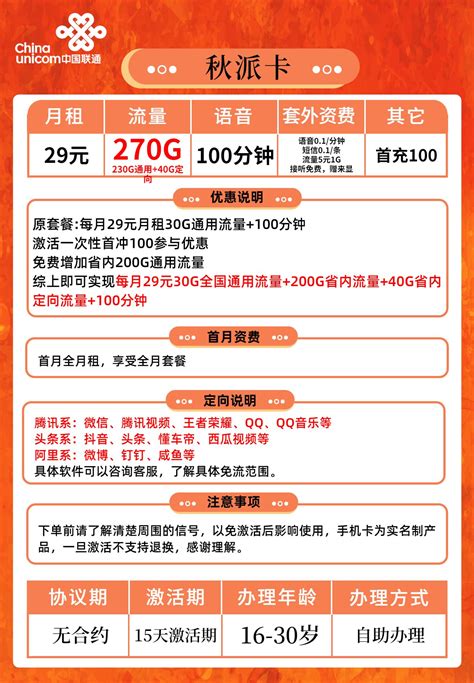 联通秋派卡29元包270G流量+100分钟通话 只发广东 一年套餐 - 流量不卡网