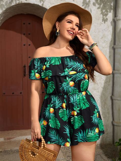 Plus Tropical Print Off Shoulder Ruffle Trim Romper | SHEIN USA