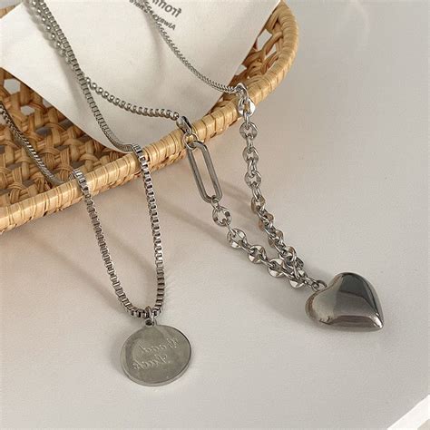 elegant streetwear heart shape titanium steel layered necklaces ...