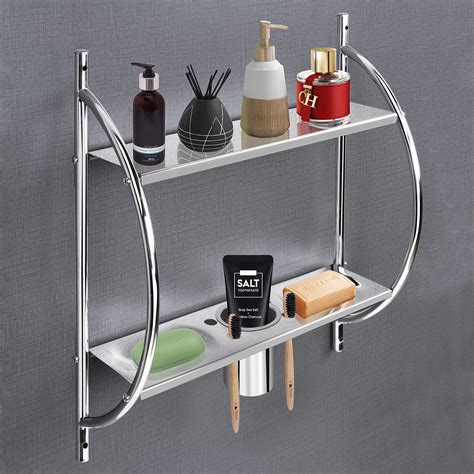 Stainless Steel 2 Tier Bathroom Shelf with Soap Dish & Tumbler Holder ...