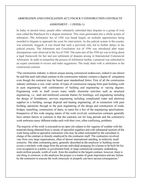 Article arbitration assignment - ARBITRATION AND CONCILIATION ACT,1996 ...