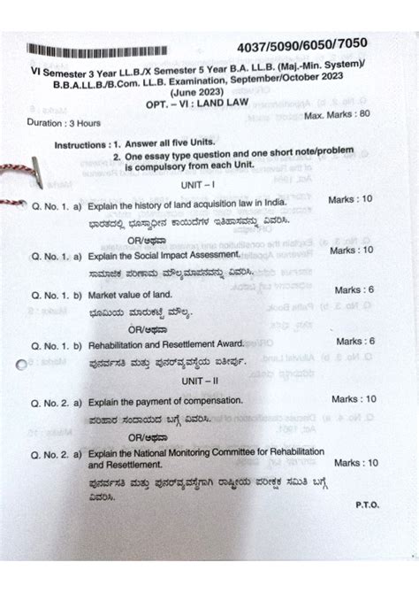 Land Law question Papers - VI Semester 3 Year Semester 5 Year B. LL. LL ...
