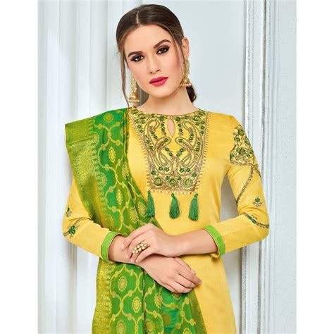 Pretty Yellow Colored Party Wear Embroidered Chanderi Suit