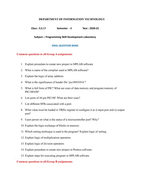 PA Oral Questions - DEPARTMENT OF INFORMATION TECHNOLOGY Class : S.E.I ...