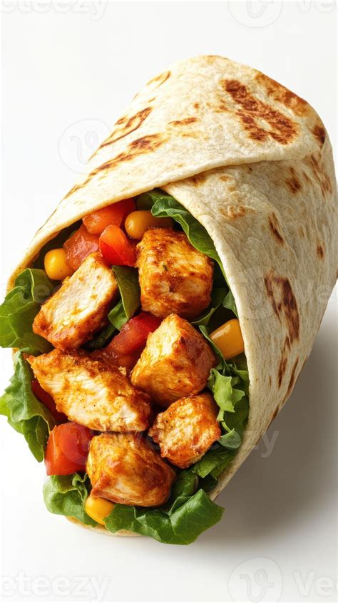 Delicious grilled chicken wrap with fresh vegetables served in a whole ...